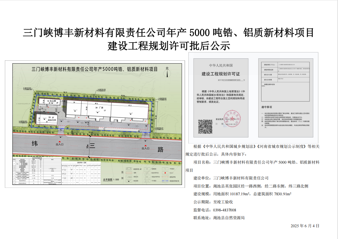 三门峡博丰新材料有限责任公司年产5000吨锆、铝质新材料项目建设工程规划许可批后公示.png