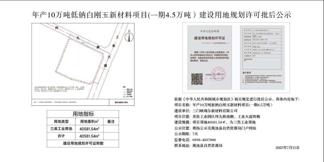 年产10万吨低钠白刚玉新材料项目（一期4.5万吨）建设用地规划许可批后公示.png